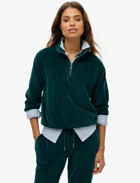 Superdry Damen Velour Sweatshirt mit Halbreißverschluss Grün - Größe: 44 - 79.99 - FashionsVida