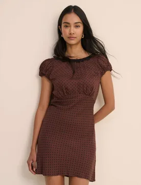 Polka Dot Round Neck Mini Tea Dress Brown female - Nobody's Child - FashionsVida