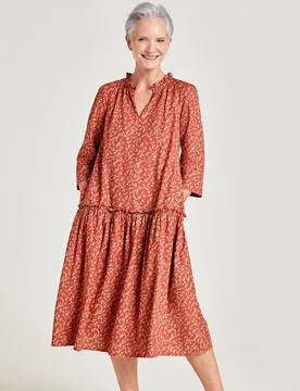 Zenobia Hemp Swing Fit Dress - Dark Clay Orange - Thought - FashionsVida