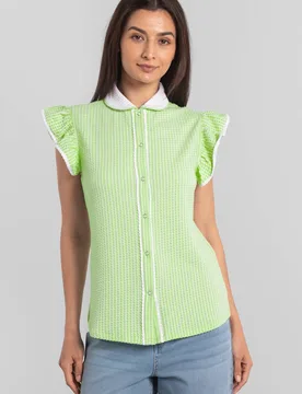 Women's Contrast Trimmed Flutter Sleeve Blouse in Green Size: 16 - Green - Size: 16 - Enorsia - FashionsVida