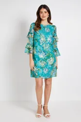 Womens Floral Burn Out Ruffle Shift Dress - Blue - Size 16 Uk