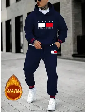 Marca París Gráfico Letra Imprimir ~ Hombre unicolor Parche Jacquard Acanalado Manga Larga Simple Sudadera con Capucha y Pantalones Largos Traje Cas - Shein - FashionsVida