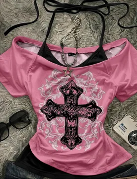 Camiseta de mujer 2 en 1 con cuello halter y ajuste ceñido, atuendo versátil casual minimalista vintage punk Y2K para fiesta, estampado desgastado c - Shein - FashionsVida