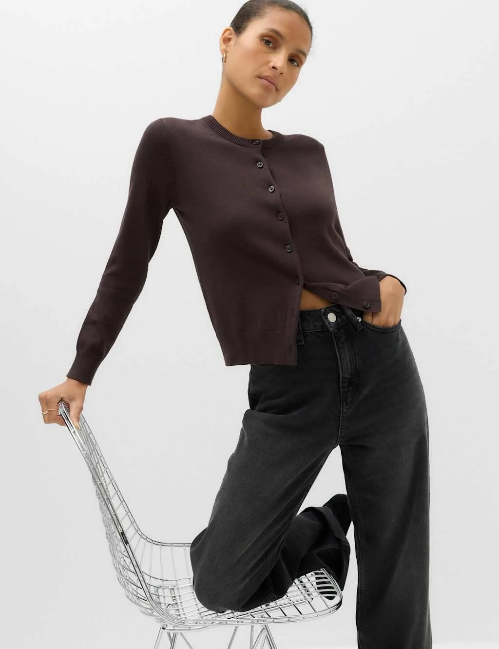Crew Neck Button Through Cardigan Bitter Chocolate female - M&S - FashionsVida