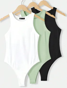 Conjunto de 3 piezas de body ajustado para mujer, cuello redondo, sin mangas, estilo casual básico minimalista, color liso, ropa de verano para uso d - Shein - FashionsVida