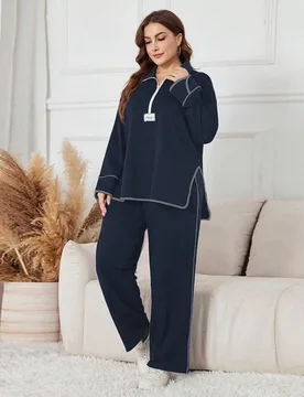 Conjunto elegante y casual de top de manga larga con media cremallera y pantalón de pierna ancha para mujer de talla grande 3XL - Shein - FashionsVida