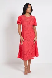 Womens Petite Lace Puff Sleeve Midi Dress - Pink Cotton - Size 10 Uk