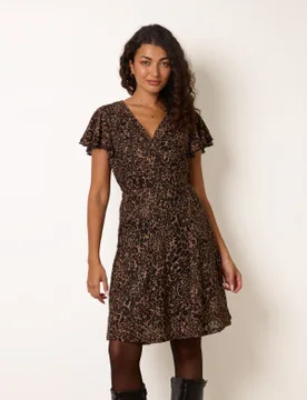 Leopard Print Lace Frill Sleeve Wrap Mini Dress - L / ANIMAL - female - Blue Vanilla - FashionsVida