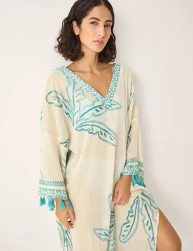 Cotton Rich Palm Print V-Neck Midaxi Kaftan Ivory Mix female - Monsoon - FashionsVida