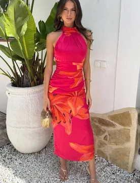 Women's Pink & Orange Floral Print Halter Neck Midi Dress Size: 8 - Pink - Size: 8 - AX Paris - FashionsVida
