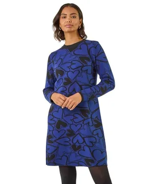 Womens Jacquard Heart Knit Dress - Blue - Size 16 Uk - Roman - FashionsVida