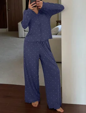 Conjunto de pijama de 2 piezas de cárdigan de manga larga y pantalones con estampado de lunares para mujer, otoño M - Shein - FashionsVida