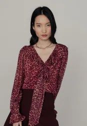 Joni Ruffle Neck Leopard Print Blouse In Burgundy - 6