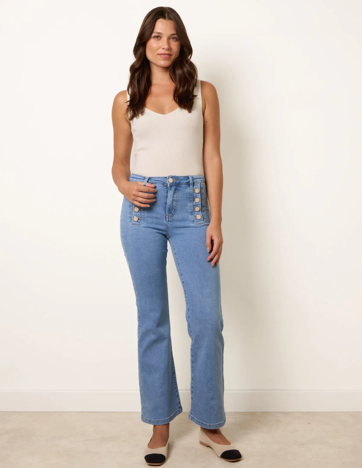 Pearl Button Detail Jeans - 12 / LIGHT DENIM - female - Blue Vanilla - FashionsVida