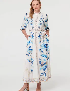 Women's Floral Tie 3/4 Sleeve Maxi Dress in White Size: 14 - White - Size: 14 - Izabel London - FashionsVida