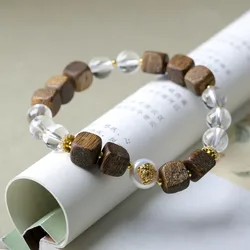 Green Qinan Agarwood Square Bead Bracelet, Natural White Crystal Pearl Bracelet