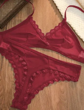 Conjunto de lencería de sujetador y bragas de unicolor con borde de encaje para mujer M - Shein - FashionsVida