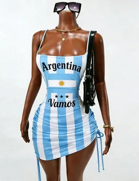 Vestido de verano sexy para mujer con tirantes finos, estampado de rayas y letras, y cordón lateral ajustable L - Shein - FashionsVida