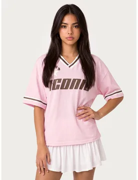 Camiseta estilo jersey de fútbol de cuello en V extragrande con estampado gráfico icónico audaz y ribete de rayas de contraste en las mangas M - Shein - FashionsVida