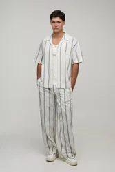 Herren Leichtes Gewebtes Gaze-Streifen Übergroßes Hemd & Weite Hosen Set Navy Größe Medium