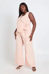 Womens Plus Linen Boxy Wrap Over Waistcoat And Wide Leg Trouser - Nude - Size 22 Uk