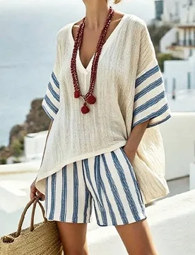 Conjunto de 2 piezas para mujer con blusa de cuello en V holgada con mangas a rayas y pantalones cortos de cintura alta L - Shein - FashionsVida
