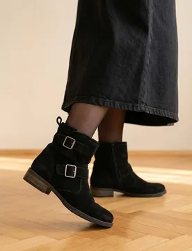 Suede Buckle Block Heel Ankle Boots Black female - Jones Bootmaker - FashionsVida