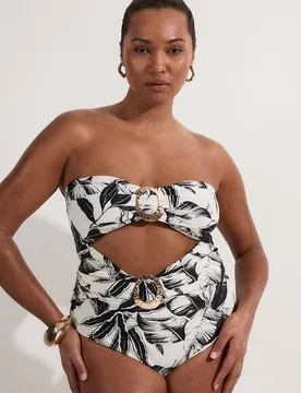 Women's Plus Size Slinky Palm Print Cut Out Swimsuit in Mono Size: 3XL - Mono - Size: 3XL - Karen millen - FashionsVida