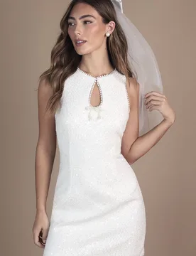 Women's Sequin Tweed Mini Wedding Dress with Pearl Trim & Bow Detail in Ivory Size: 18 - Ivory - Size: 18 - Coast - FashionsVida