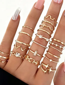Juego de 22 anillos de moda minimalista con strass, corazón, onda, estrella, asimétricos y geométricos, con talla marcada - Shein - FashionsVida