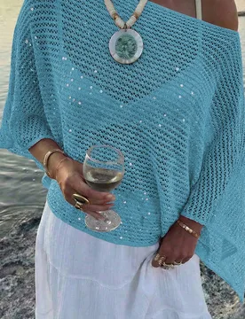 Top con capucha para mujer de punto rosa con calados, lentejuelas, cuello redondo, liso y semitransparente, ropa casual de verano para vacaciones y pl - Shein - FashionsVida