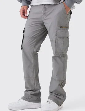 Mens Slim Flare Zip Gusset Overdye Acid Wash Cargo Trousers - Grey Cotton - Size 36 Regular - boohooMAN - FashionsVida