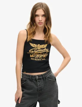Superdry Damen Geripptes Retro Rocker Trägertop mit Grafik Schwarz - Größe: 6-8 - 34.99 - FashionsVida