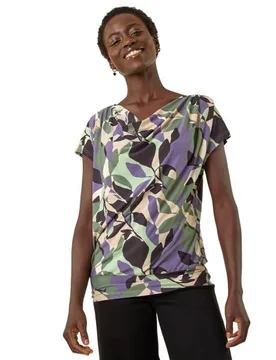 Womens Geometric Leaf Print Cowl Neck Top - Green - Size 12 Uk - Roman - FashionsVida