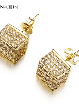 VANAXIN Fashion 3D Square Stud Earrings for Women Men 14k Gold Color Micro Pave Iced Out CZ Zircon Jewelry Gift - Aliexpress - FashionsVida