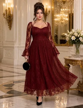 Vestido de Talla Grande con Cuello Cuadrado de Encaje, Manga Larga con Manga de Campana, Cintura Ceñida, Bajo Acampanado, Púrpura Oscuro, Elegante p - Shein - FashionsVida