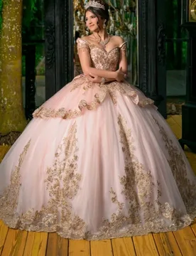 Pink Shiny Quinceanera Dresses Off The Shoulder Gold Applique Lace Bow Beading Tull Party Birthday Sweet 16 Dress Vestidos 15 De - Aliexpress - FashionsVida