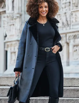 Womens Black Premium Faux Shearling Trench Coat - Size 12 Uk - Sosandar - FashionsVida