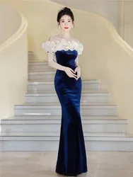 Blue-toned one-shoulder tassel fishtail light luxury niche adult hosting dress