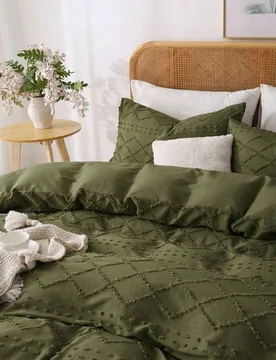 Juego de 3 piezas de funda nórdica de terciopelo jacquard de poliéster a rayas verde oliva, juego de ropa de cama bohemio vintage único, adecuado p - Shein - FashionsVida