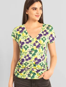 Women's Floral Print V-neck Ruched Sleeve Top in Yellow Size: 8 - Yellow - Size: 8 - Enorsia - FashionsVida