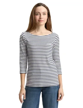 Maglietta A Maniche 3/ 105015 Offwhite Navy Blue Stripe S - Tom tailor - FashionsVida