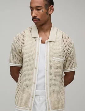 Herren Normal Geschnittenes Strickhemd Mit Offener Stichführung Stone Größe Medium - boohooMAN - FashionsVida