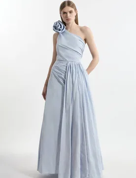 Women's Petite Taffeta Rosette Neck Tailored Pleat Gathered Maxi Dress in Pale Blue Size: 10 - Pale Blue - Size: 10 - Karen millen - FashionsVida