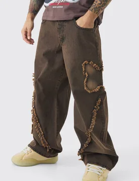 Herren Baggy Rigid Schmetterling-Applikation Washed Denim Jeans Hosen Brown Größe 36R - boohooMAN - FashionsVida