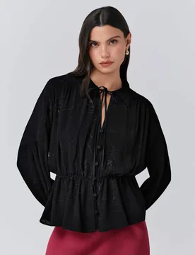 Crepe Embroidered Tie Neck Blouson Sleeve Blouse Black female - GHOST - FashionsVida