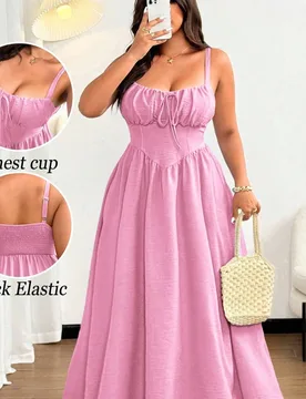 Vestido maxi de playa elegante de unicolor con lazo delantero y tirantes de espagueti para mujer de talla grande, adecuado para la playa, resort, fies - Shein - FashionsVida