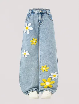 Jeans de pierna ancha con lavado y bordado de flores de nieve de moda para niñas preadolescentes, adecuados para primavera, verano, otoño e invierno - Shein - FashionsVida