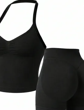 Conjunto de fitness y yoga de 2 piezas para mujer, top corto de unicolor con cuello halter y fruncido + shorts de cintura alta con efecto levantador d - Shein - FashionsVida