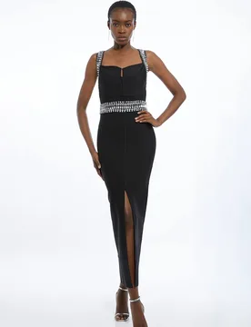 Women's Bandage Figure Form Knit Embellished Maxi Dress in Black Size: 14 - Black - Size: 14 - Karen millen - FashionsVida